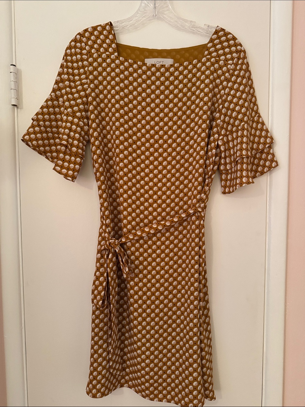 LOFT Mustard Polka Dot Wrap Tie Dress
